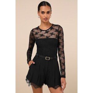 Sheer-ly Sweet Black Sheer Lace Crew Neck Long Sleeve Bodysuit